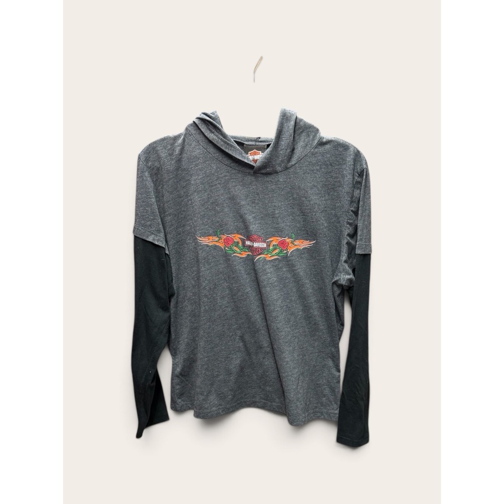 Harley Davidson Women XL Gray Layered Hooded Graphic T-Shirt Y2K Roses Flame